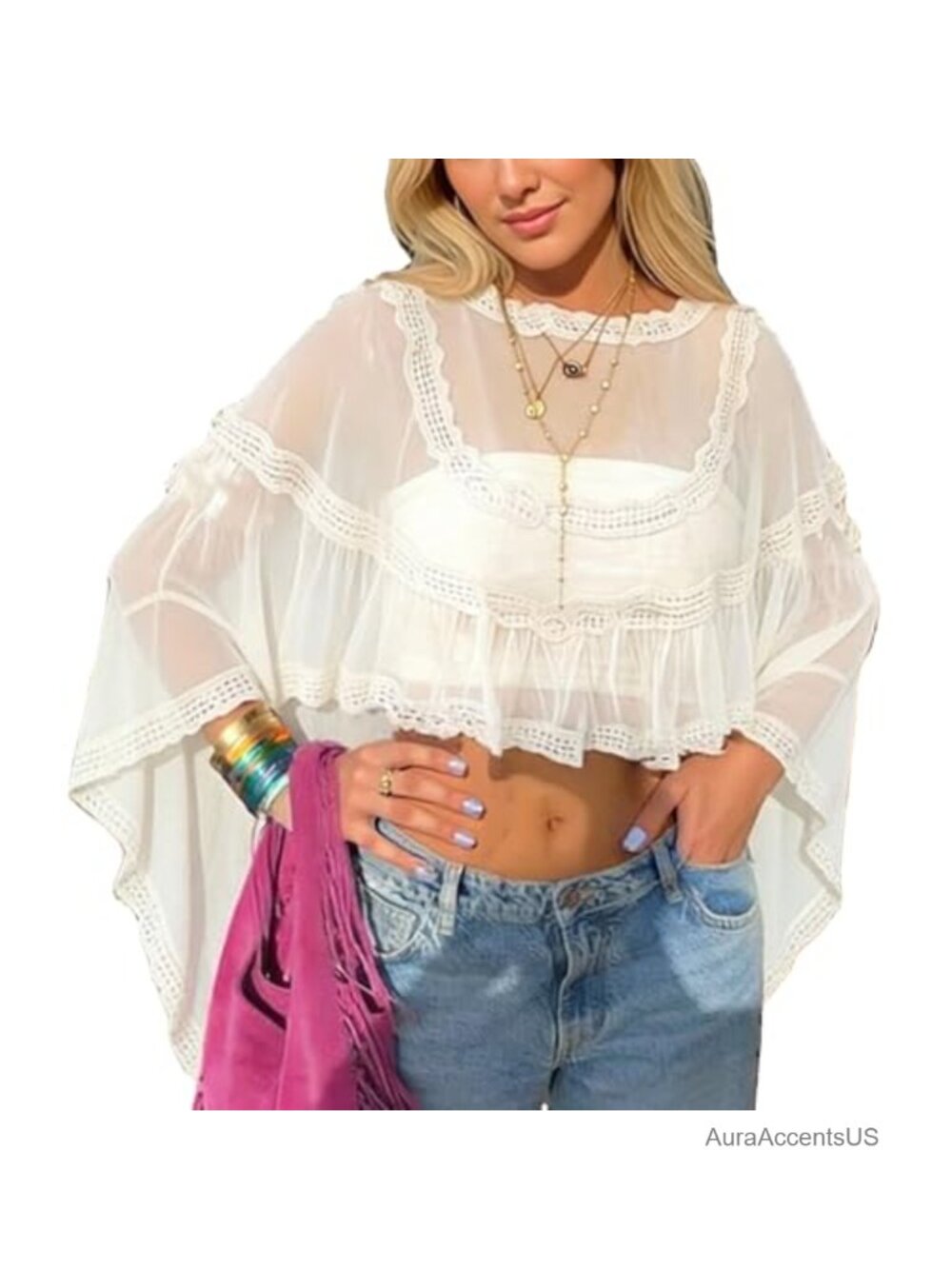 Women Chiffon Poncho Sheer Mesh Shawl Wrap Cape Batwing Sleeve Cover Up Wedding